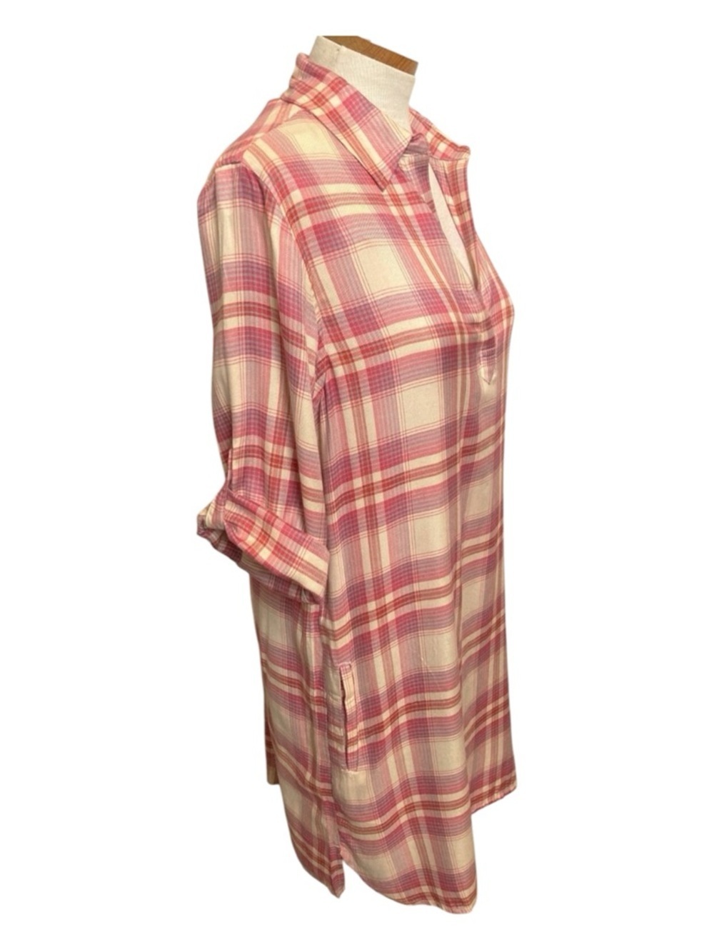 Elan Plaid Shirt Dress Medium Pink Roll Tab Sleeve Pocket Tunic Coastal Vacation - Picture 5 of 10
